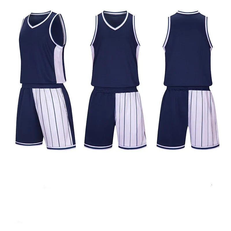 Men's basketball training uniform set in quick-dry fabric, top and shorts in blue.