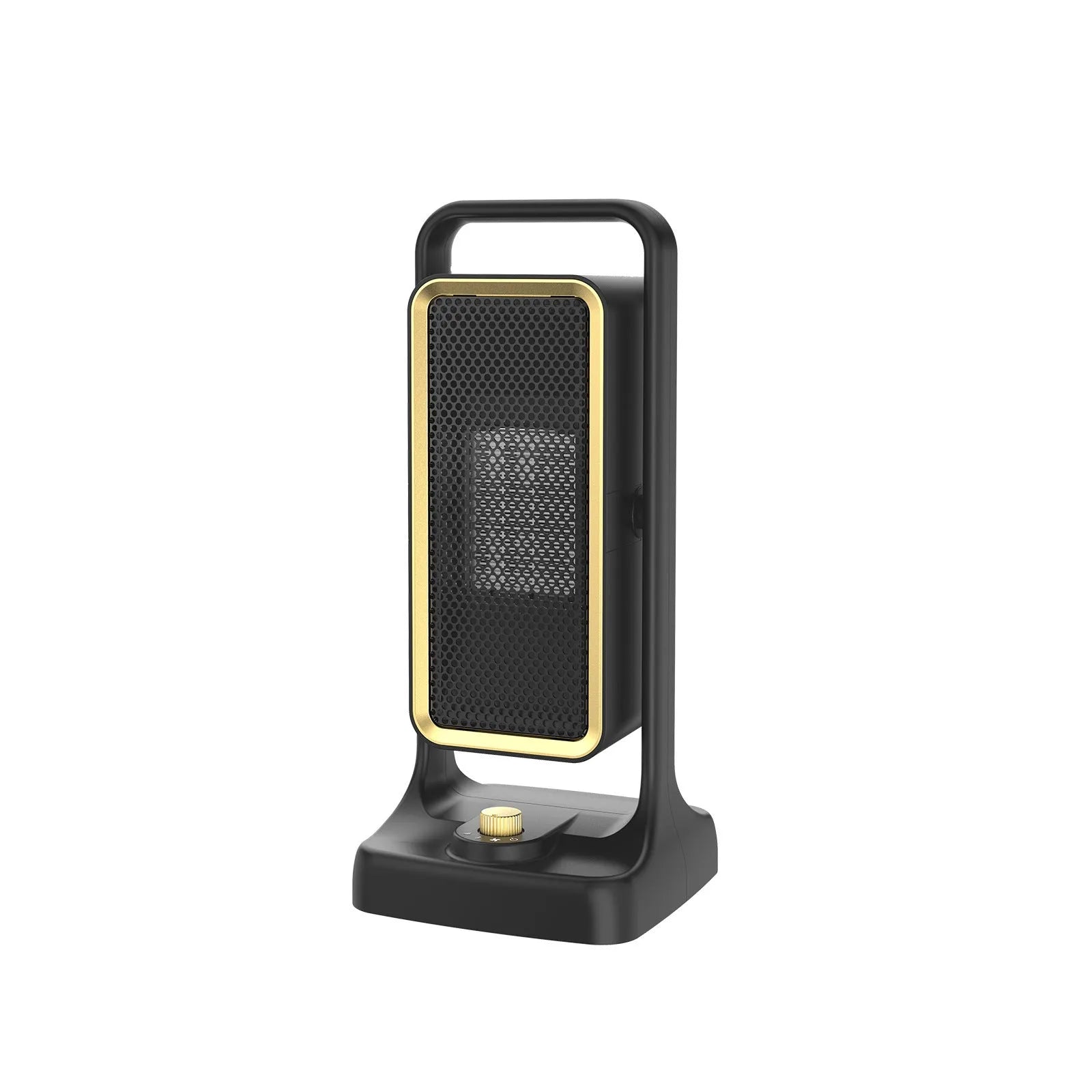 Black compact PTC desktop warm air blower heater with control knob on a desk.