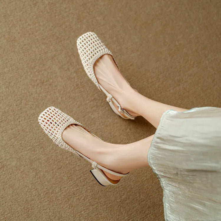 Beige women's woven sandals with a chunky heel, closed toe, and buckle strap on a white background.