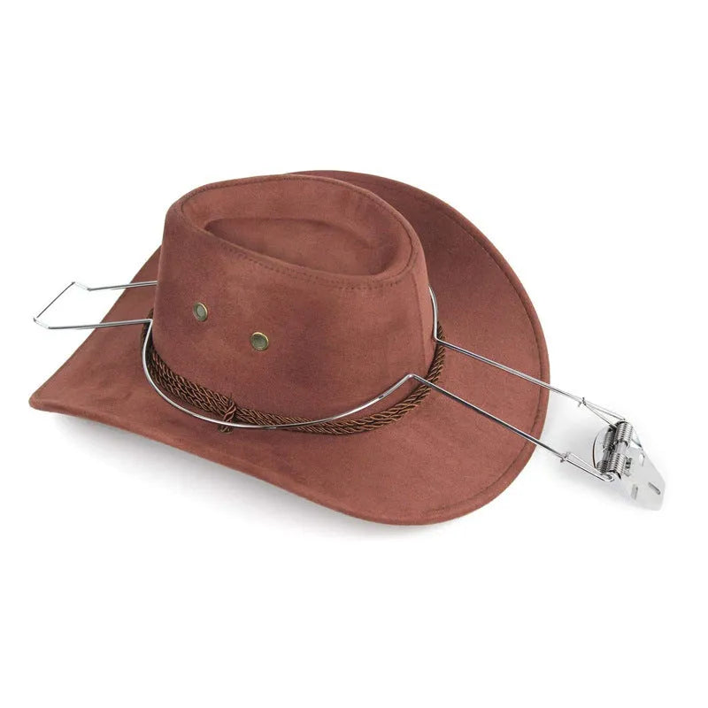 Brown chrome-plated metal car hat stand for caps and jackets.