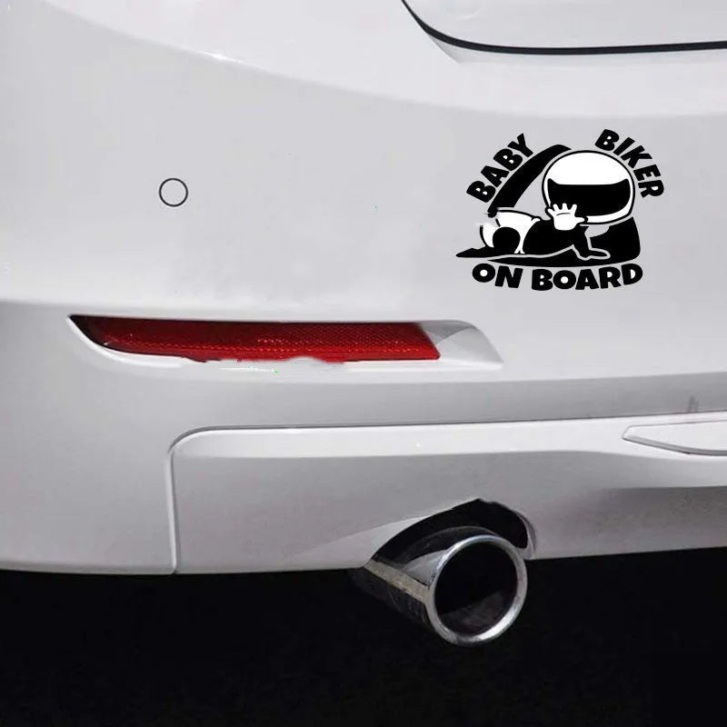 Black and white reflective Baby On Board vinyl car sticker measuring 14.5 by 15 centimetres.