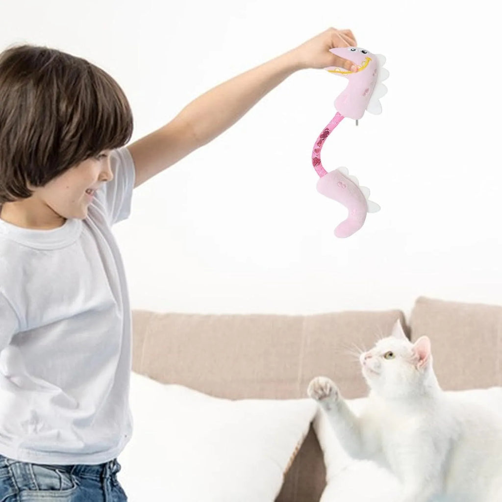 Set of four cat toys including catnip rope, interactive kicker, spring, and plush chew toys in pink, purple, and yellow