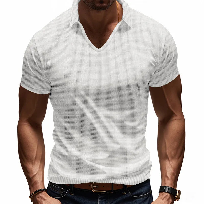 Men's casual V-neck short sleeve top in cotton blend fabric showing loose fit and solid colour options
