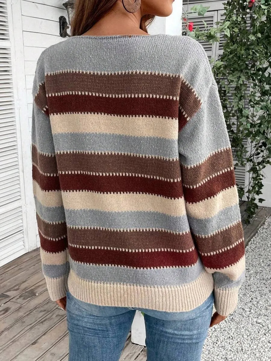 Women's colourblock striped long sleeve pullover sweater in black, blue, or grey.