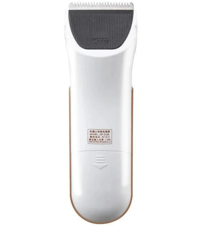 White pet hair clipper with ceramic blade for dog and cat grooming using AA batteries