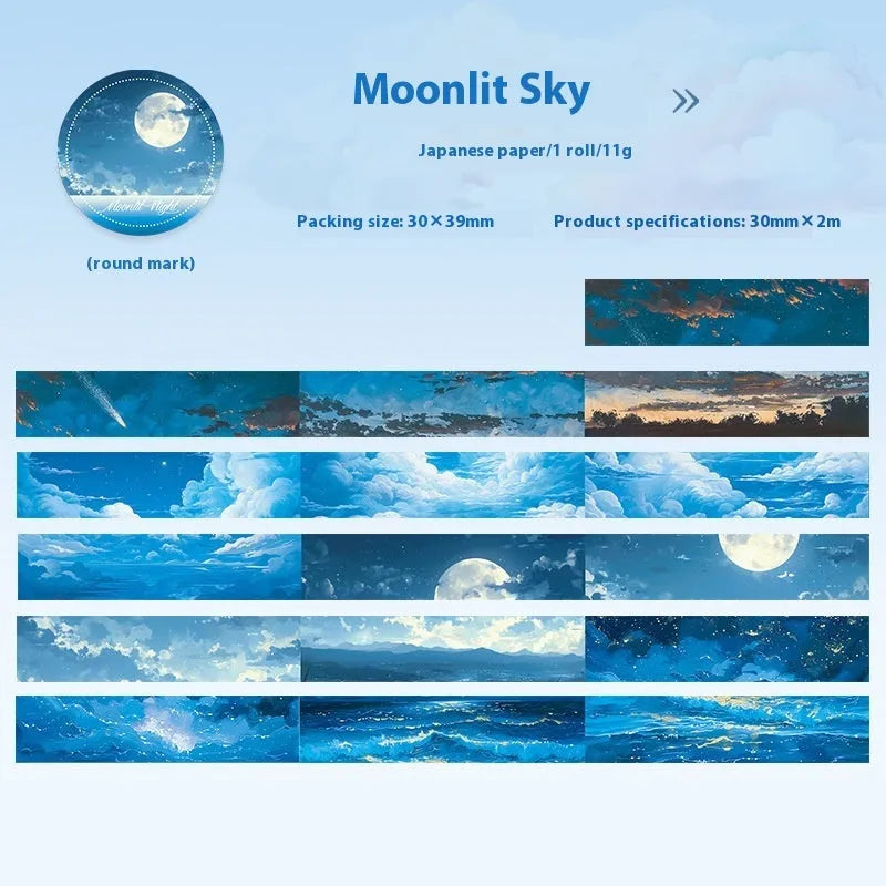 Roll of Japanese paper decorative tape with sky theme designs including clouds and nebula, labelled 30mm width.
