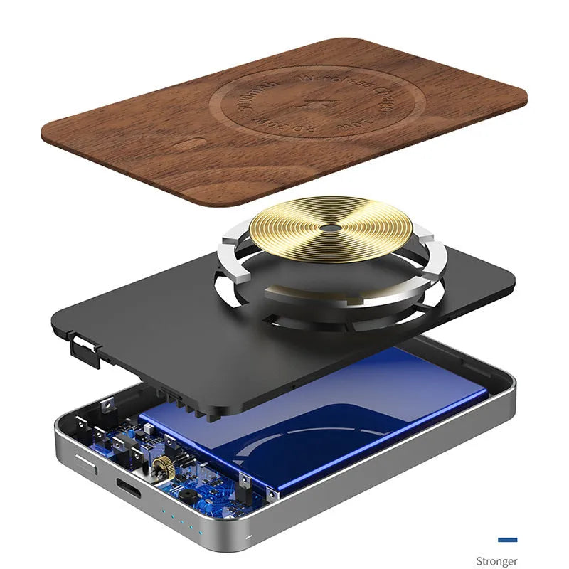 Khaki coloured magnetic wireless charging bank with alloy shell showing dimensions and charging ports