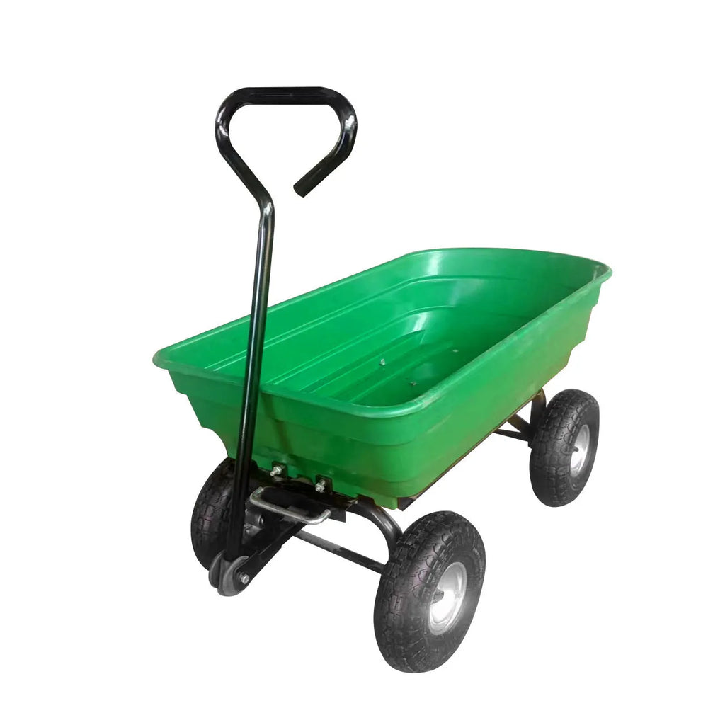 Green four-wheel plastic dump truck with steel frame and 940mm length body