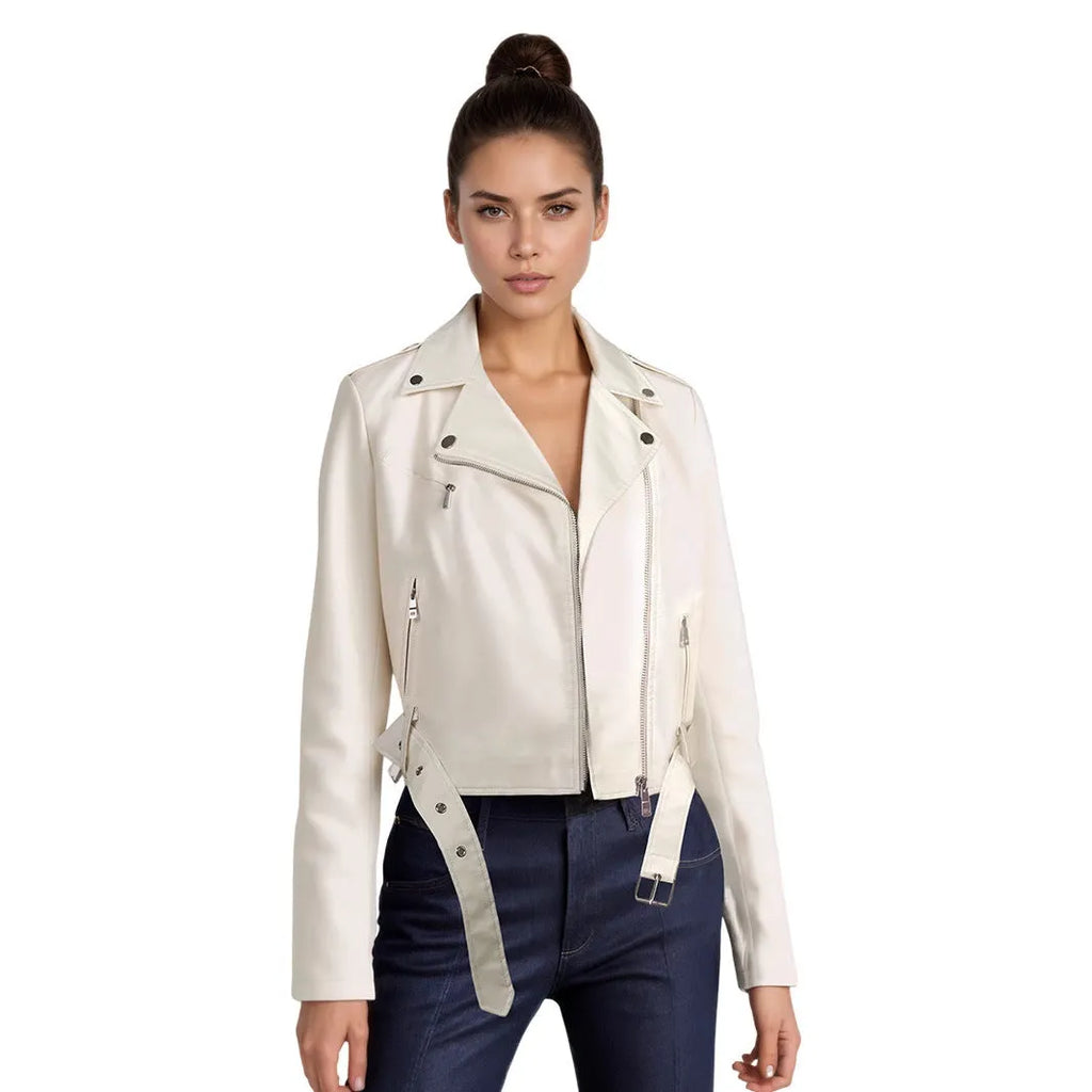 Women's red PU leather jacket with a lapel collar and a short black belt fastened at the waist.