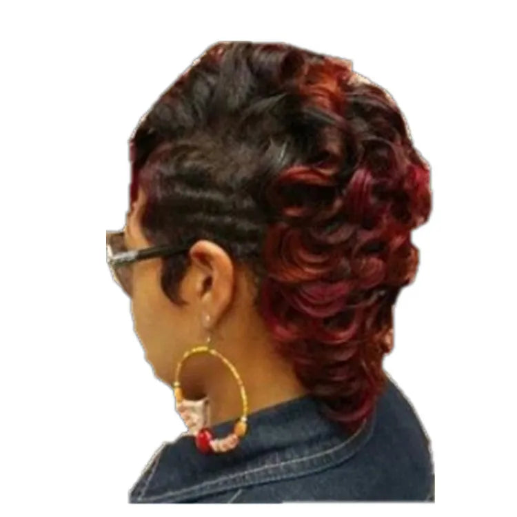Short hair wig for women in wine red with black highlights, exotic style, high temperature silk construction