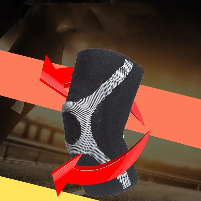 Red and grey silicone non-slip sports knee pads for running and climbing, shown in S, M, L, XL sizes.