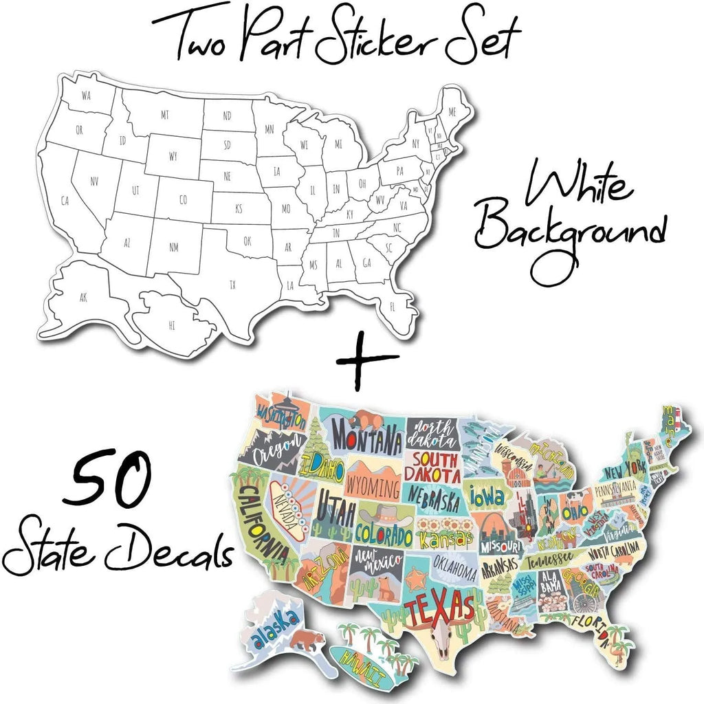 Travel-themed car body sticker set showing map designs and lettering for vehicle decoration