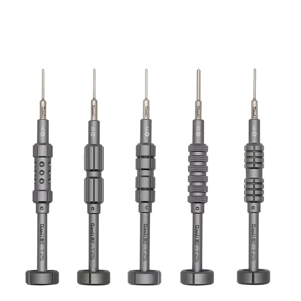 Precision screwdriver with grenade-shaped handle and multiple bits for iPhone and electronics repair.