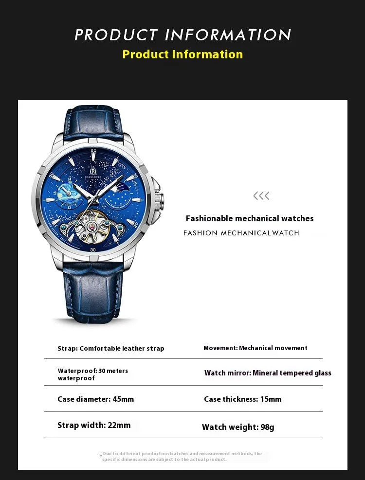 Men's blue dial automatic mechanical watch with 14mm thickness showing time display