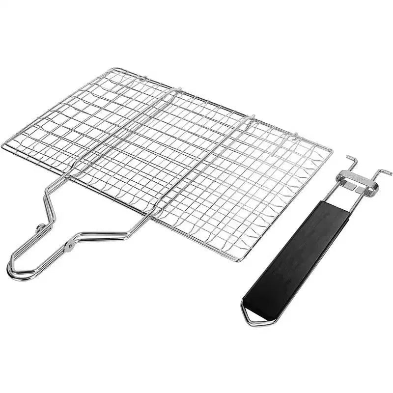 Square stainless steel folding barbecue mesh basket with a cleaning brush