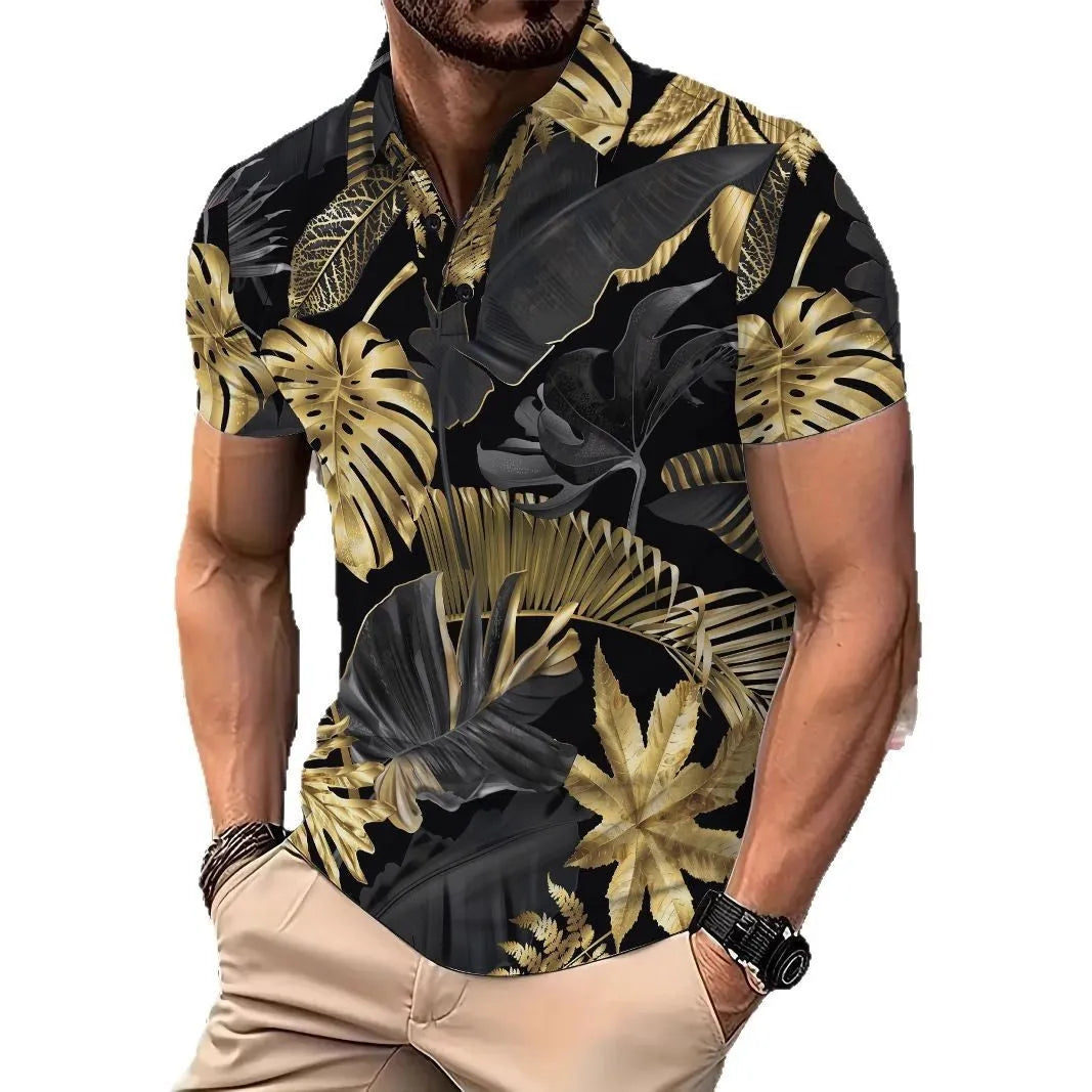 Men's gold short sleeve shirt with tropical plant pattern printing on polyester fabric