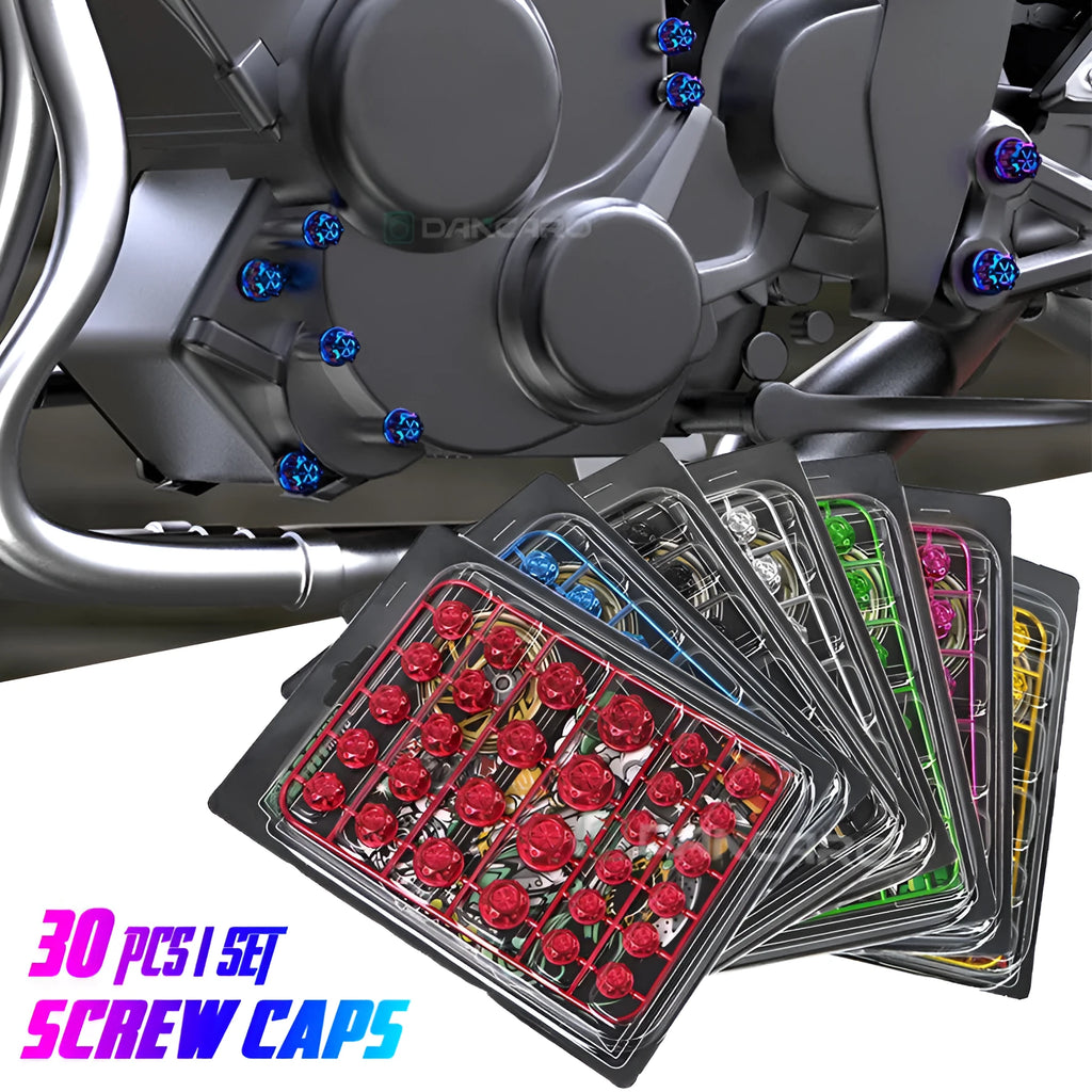 Set of 30 coloured ABS plastic motorcycle screw caps for engine bolt protection.