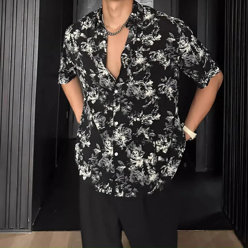 Men's loose fit printed floral casual shirt in black or white with short sleeves