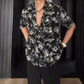 Men's loose fit printed floral casual shirt in black or white with short sleeves