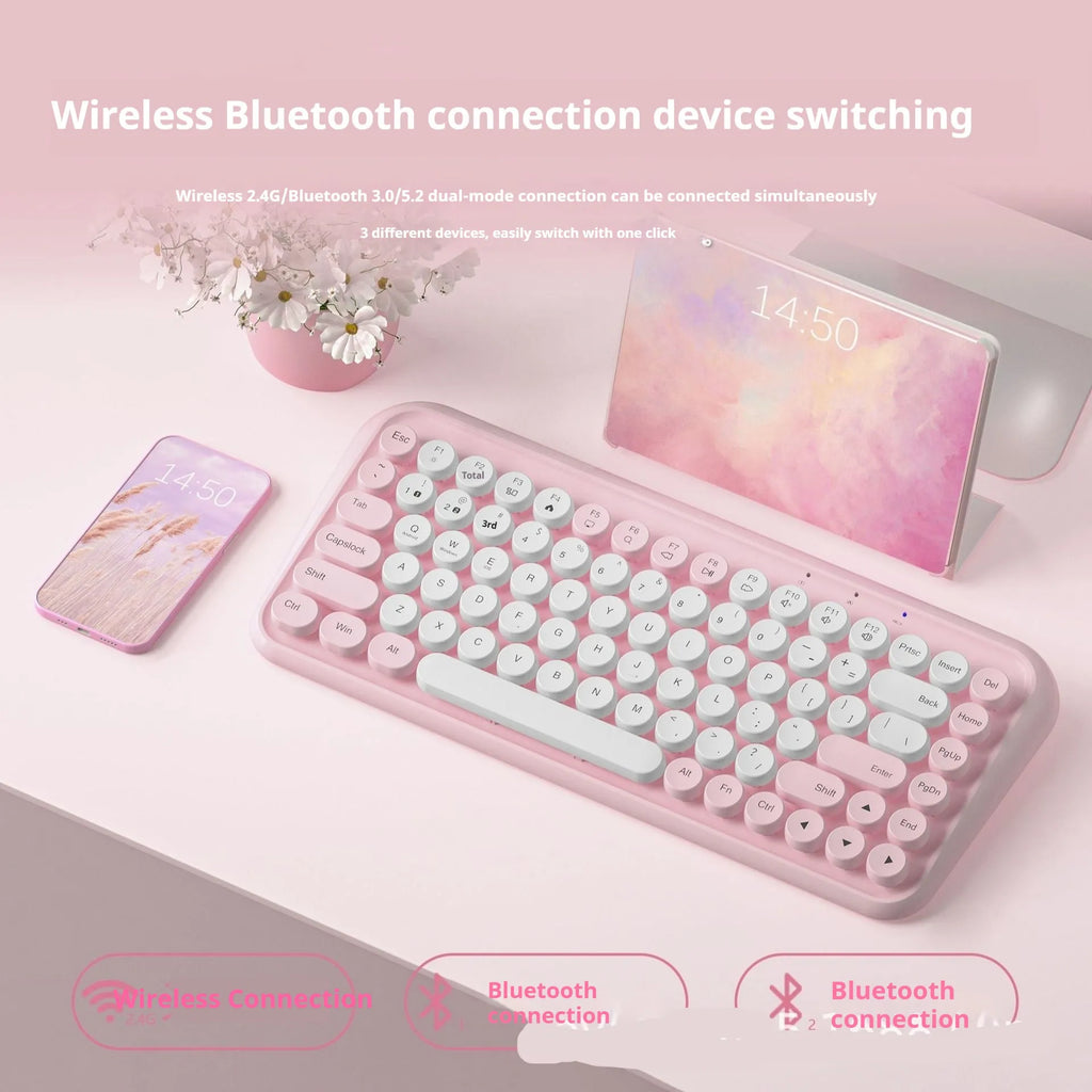 Pink wireless Bluetooth keyboard with mechanical keys and compact design