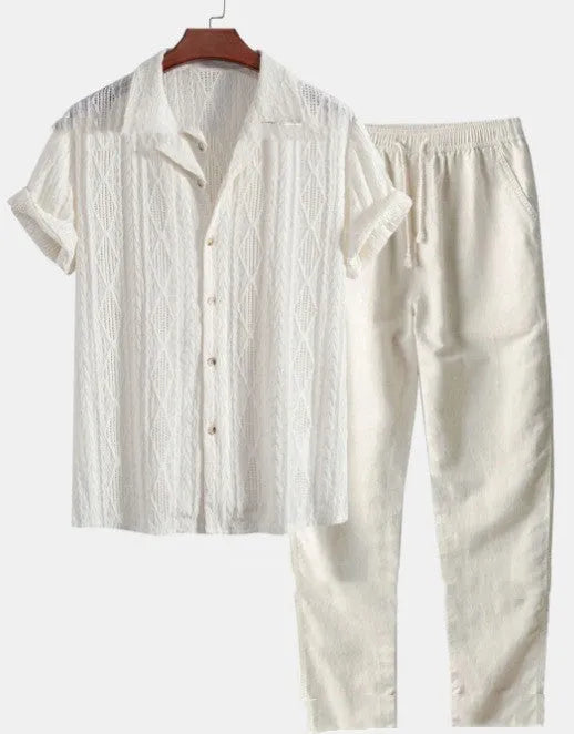 Men's loose blue short sleeve shirt and matching trousers, a casual milk silk summer suit set.