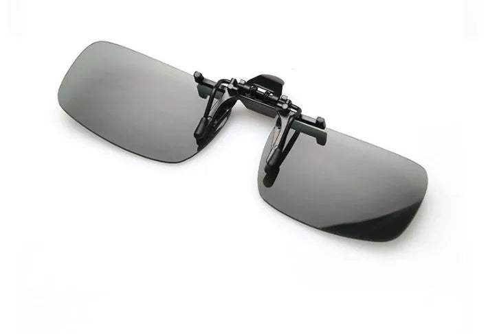 Clip-on driving sunglasses with polycarbonate lenses in grey, dark green, and night vision amber tints