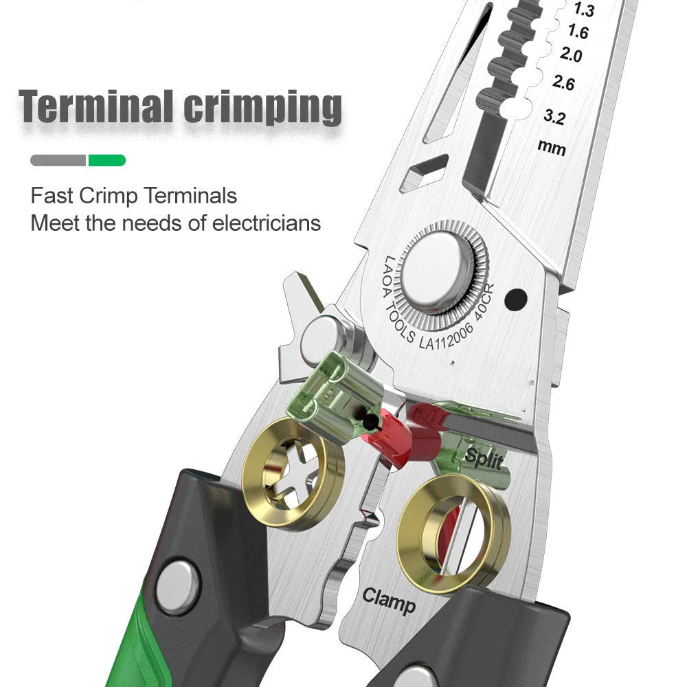 Stainless steel multifunctional wire stripper tool with seven stripping ports and a two-colour handle.