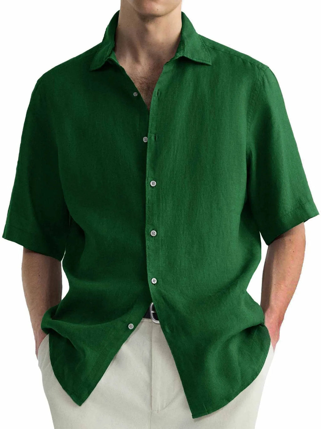 Men's green casual shirt in washed pure cotton fabric with cardigan style regular fit