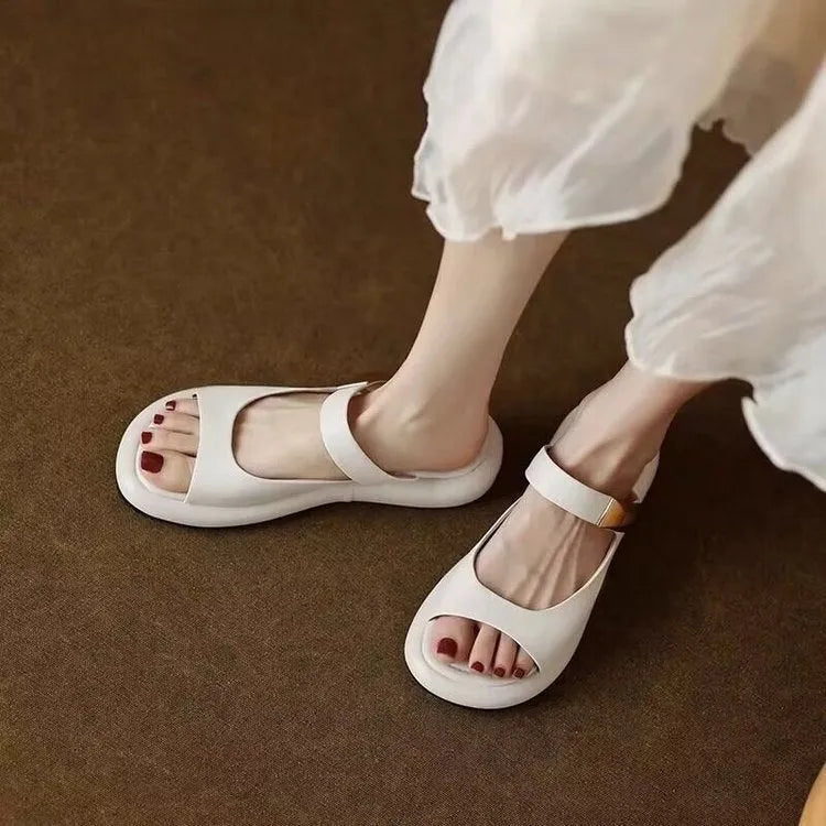 Women's apricot peep toe flat platform sandals with French leather and rubber soles