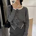 Women's dark grey and white striped viscose cardigan with French style design and 40cm short length