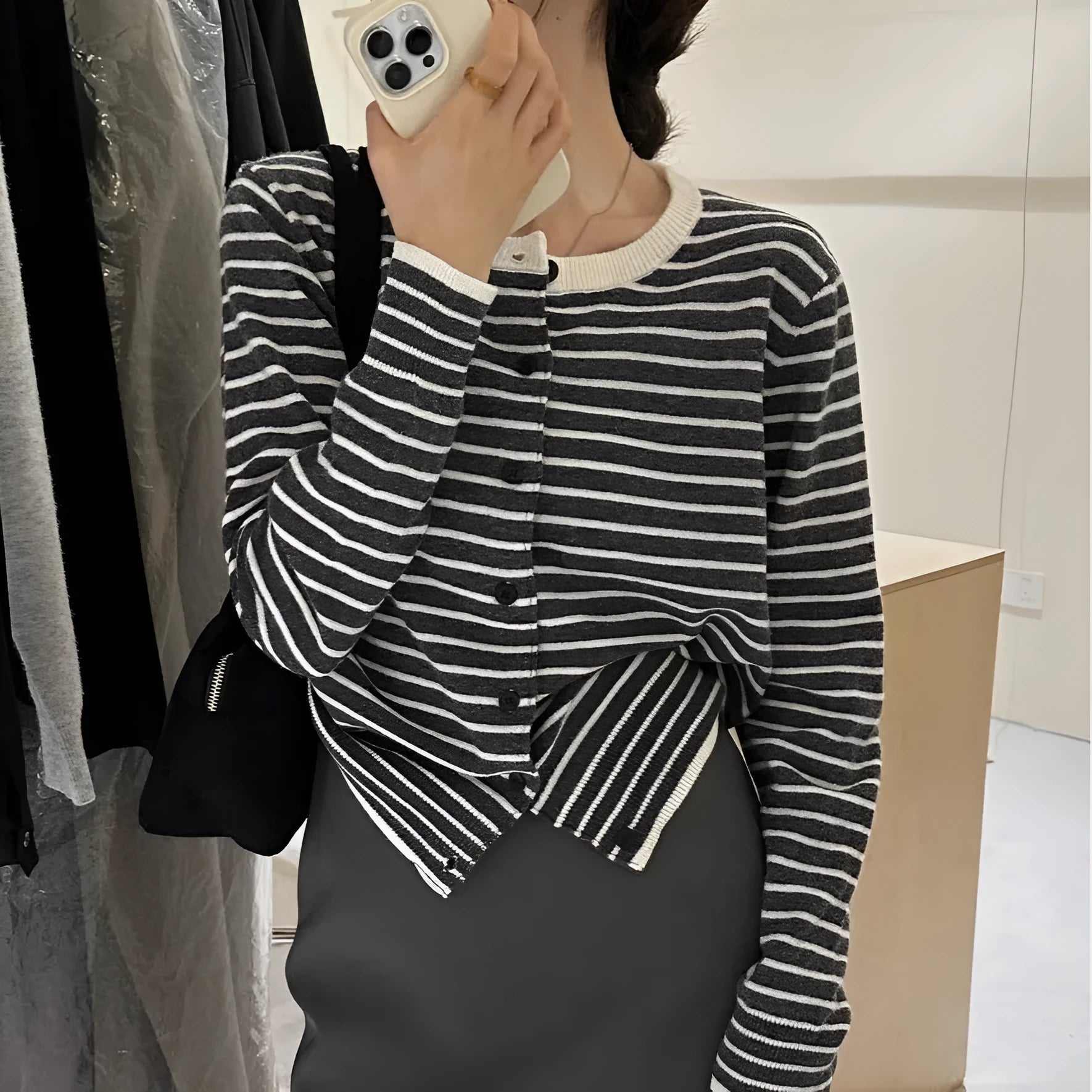 Women's dark grey and white striped viscose cardigan with French style design and 40cm short length