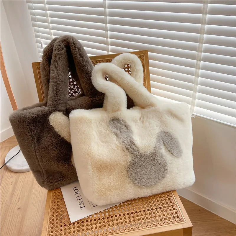 Cartoon rabbit ears plush shoulder tote bag in a solid colour with large capacity