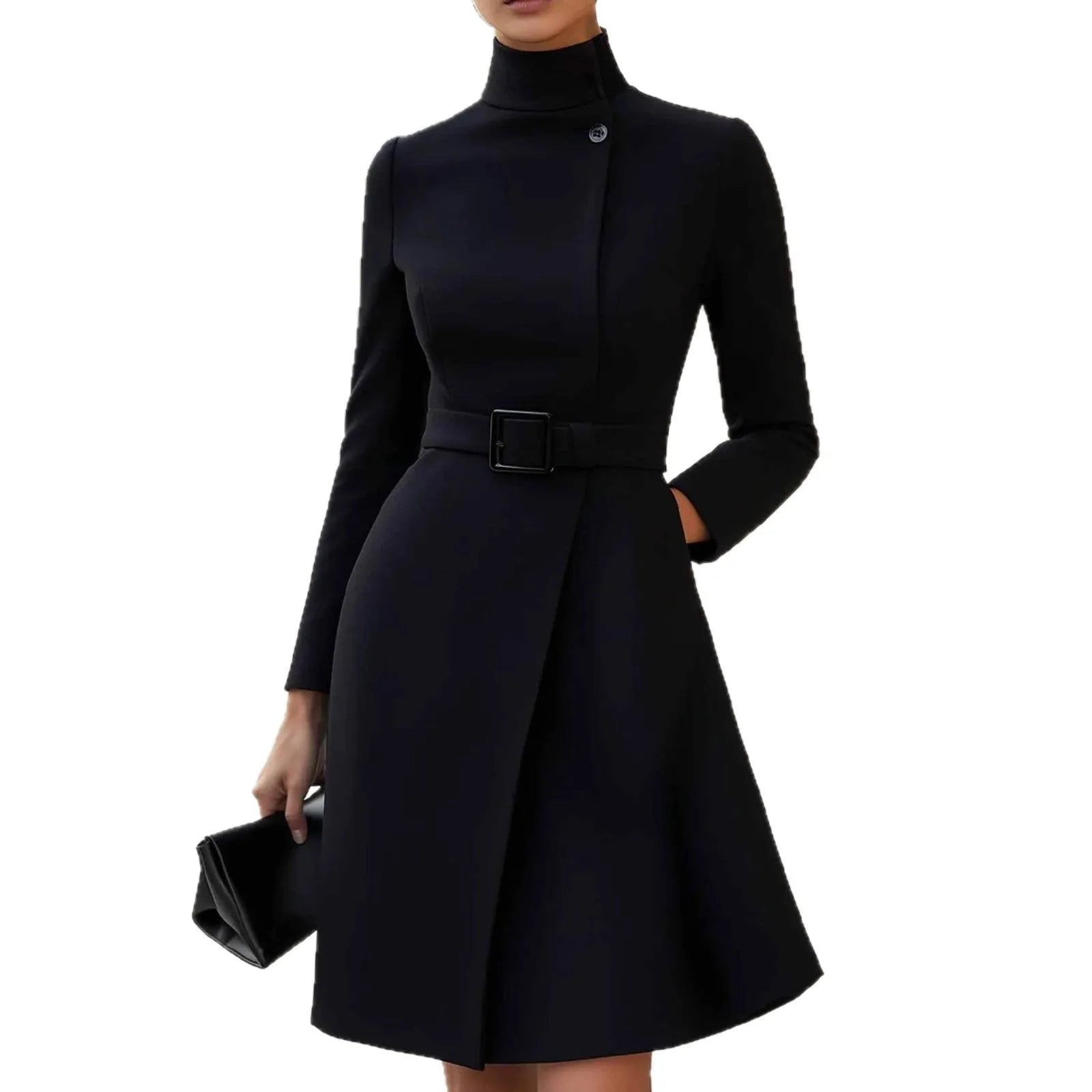 Women's black casual dress with high waist, stand collar, long sleeves, and zipper closure in bohemian style