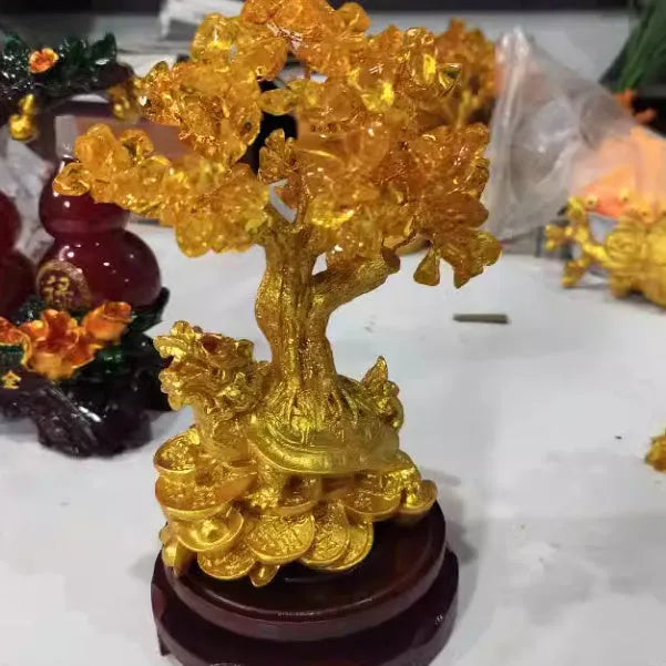 Citrine coloured Chinese style small water turtle money tree resin decorative ornament