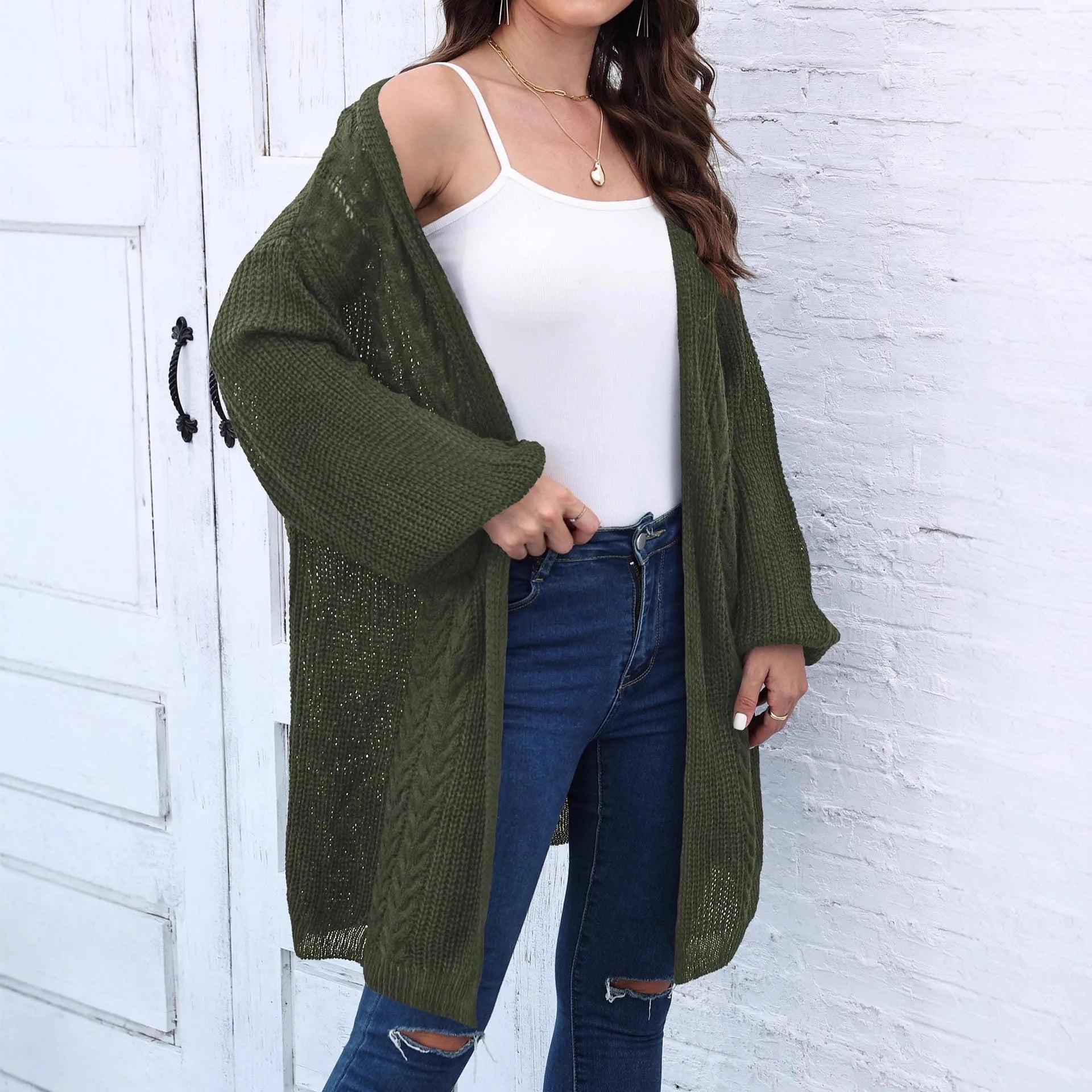 Women's loose acrylic sweater coat in army green colour with European American style casual fit