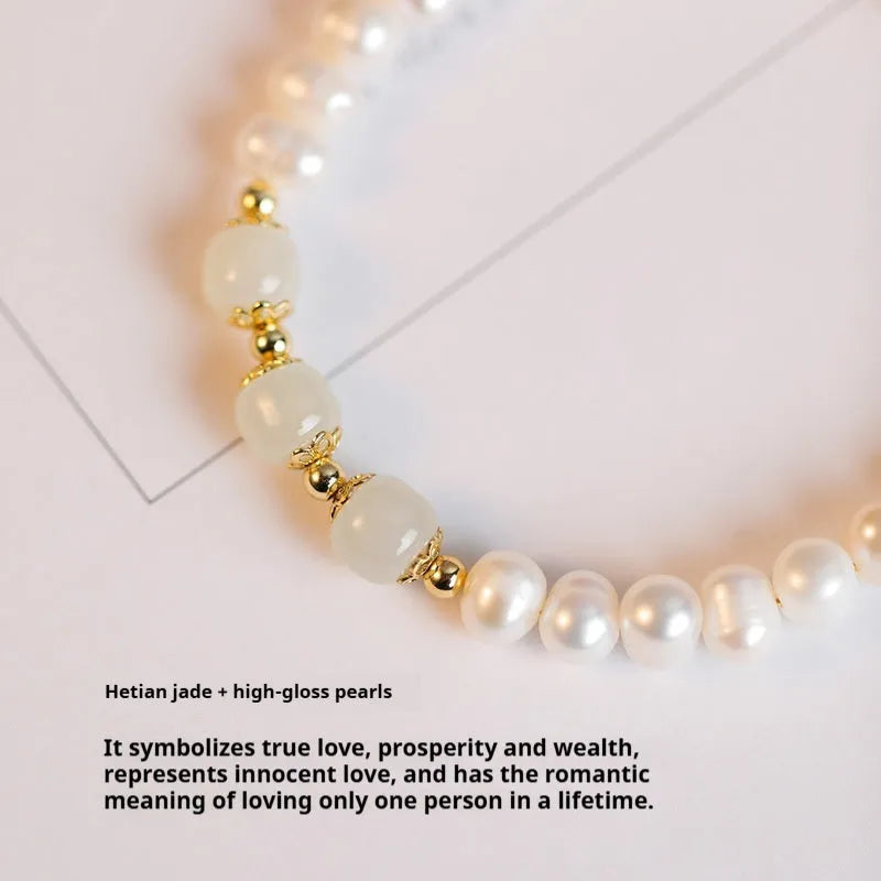 Natural freshwater pearl bracelet with diamond-shaped beads in Korean style, shown in deep Hetian jade colour.