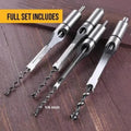 Woodworking square hole drill head with 19mm clamping, 6.35mm to 12.7mm sizes