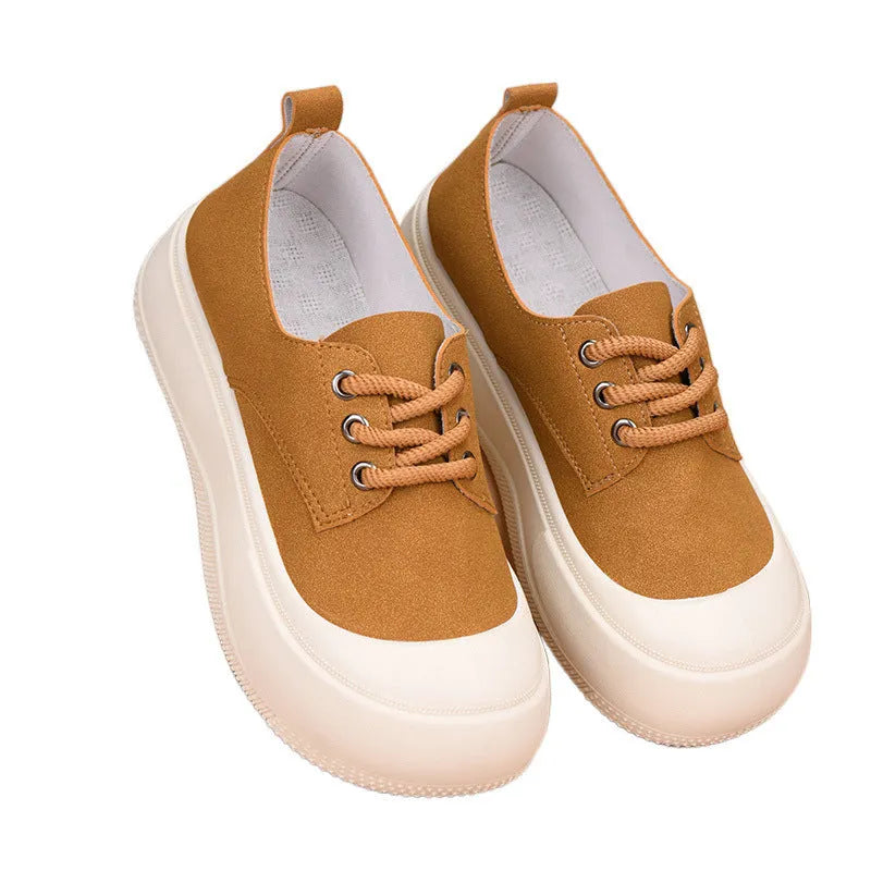 Women's camel suede platform loafers with lace-up front and a flat 4CM heel.