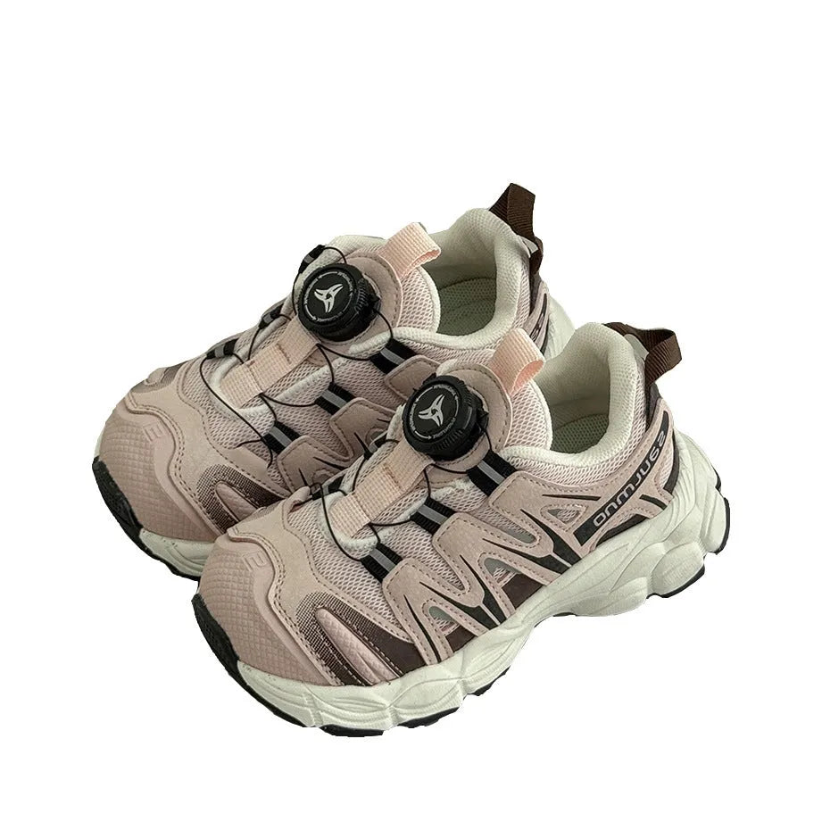 Girls' casual shoes with PU leather mesh uppers in black, beige, and pink colours