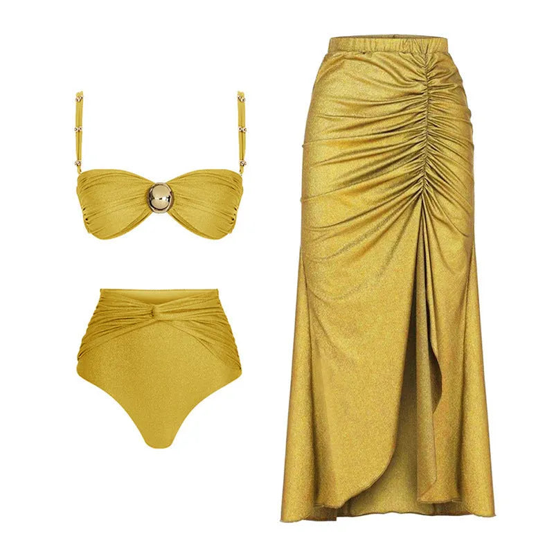 Women's high-waist bikini swimsuit set with top, bottoms, and a removable skirt on a mannequin.