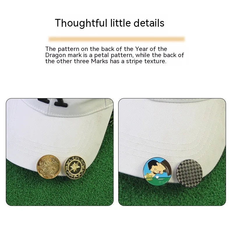 Zinc alloy golf hat clip with engraved design options including Dragon Year and ace lick ball patterns.