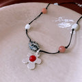 Stone shell beaded flower pendant necklace with adjustable chain in silver-black-red or silver-gold colours