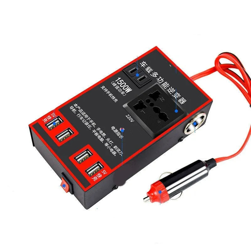 Black automotive power converter converting 12v24v vehicle power to 220v with USB charging ports