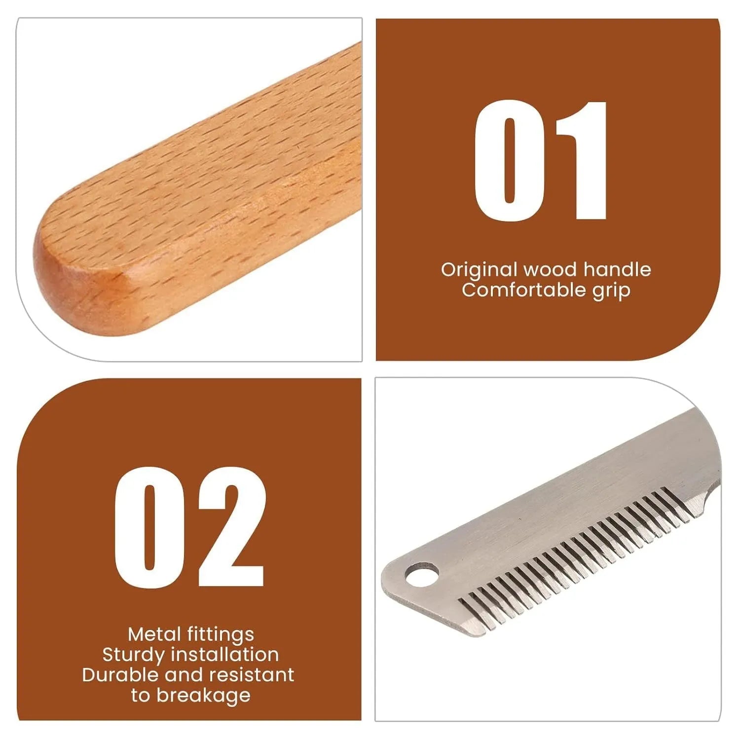 Pet stripping comb with wooden handle and metal fittings in two sizes