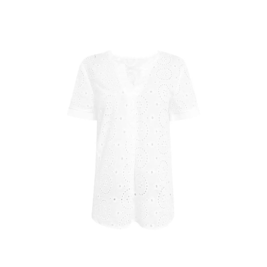 White women's V-neck t-shirt with hollow out detail and loose fit short sleeves.