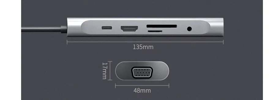 Grey USB-C docking station with HDMI, VGA, and USB ports on aluminium alloy body