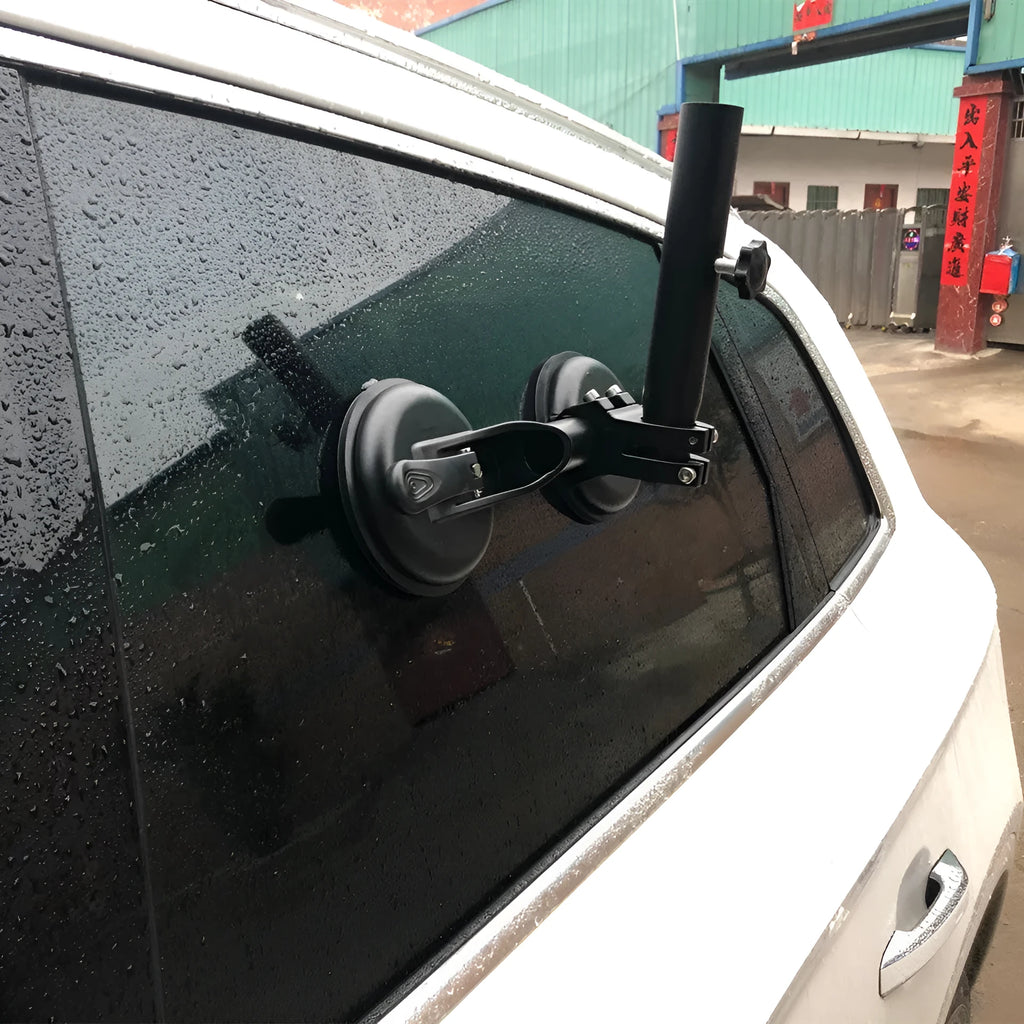 Black round car windscreen sucker base with ABS body and rubber suction cup for off-road flag mounting.