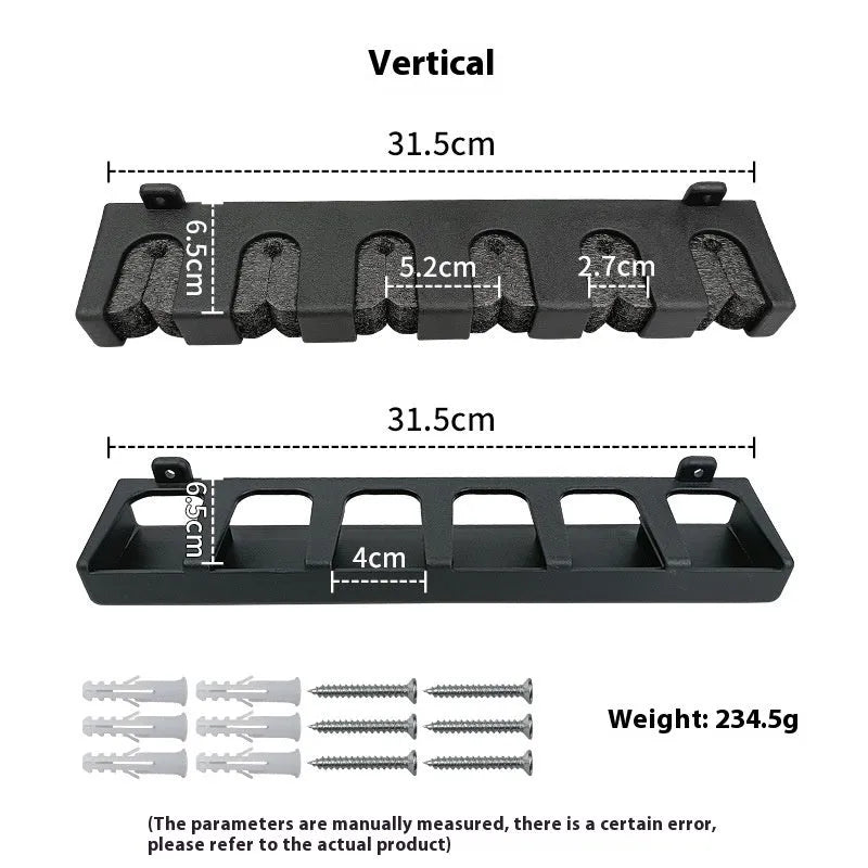 Black ABS plastic wall-mounted fishing rod holder rack in horizontal and upright style options