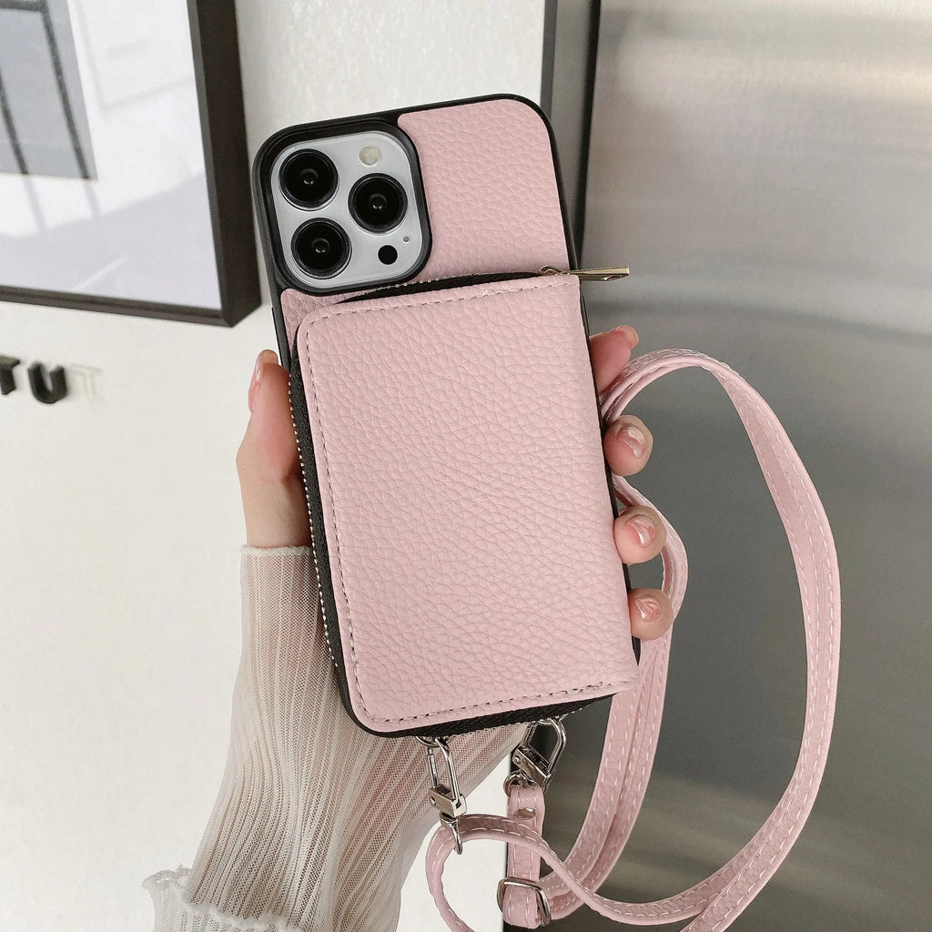 Litchi patterned iPhone protective case in various colours, showing PC and leather construction.