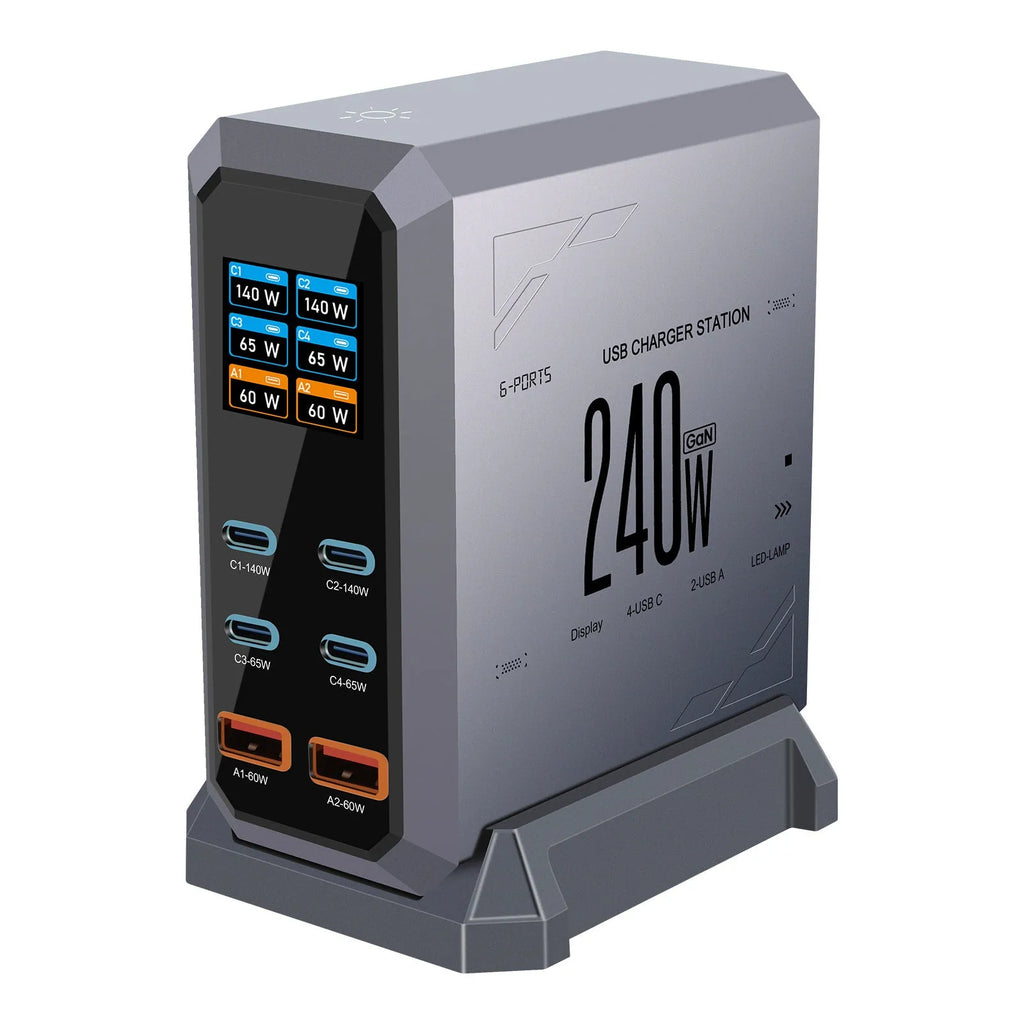 Multi-port USB charger 240W dynamic display black GaN fast charge with UK plug for multiple devices